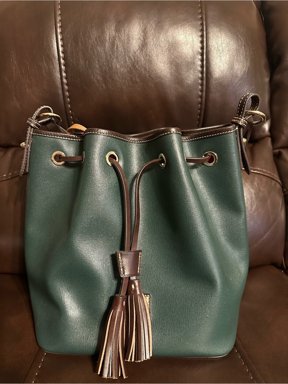 Dooney & Bourke Green and Brown Drawstring Bucket Bag
